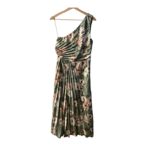 Abercrombie & Fitch Giselle Pleated One Shoulder Green Floral Maxi Dress Size M - Picture 2 of 16